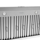 Under-mount range hood front fascia with THOR logo and two circular controls