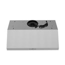 Under-mount range hood underside showing duct collar and power cord