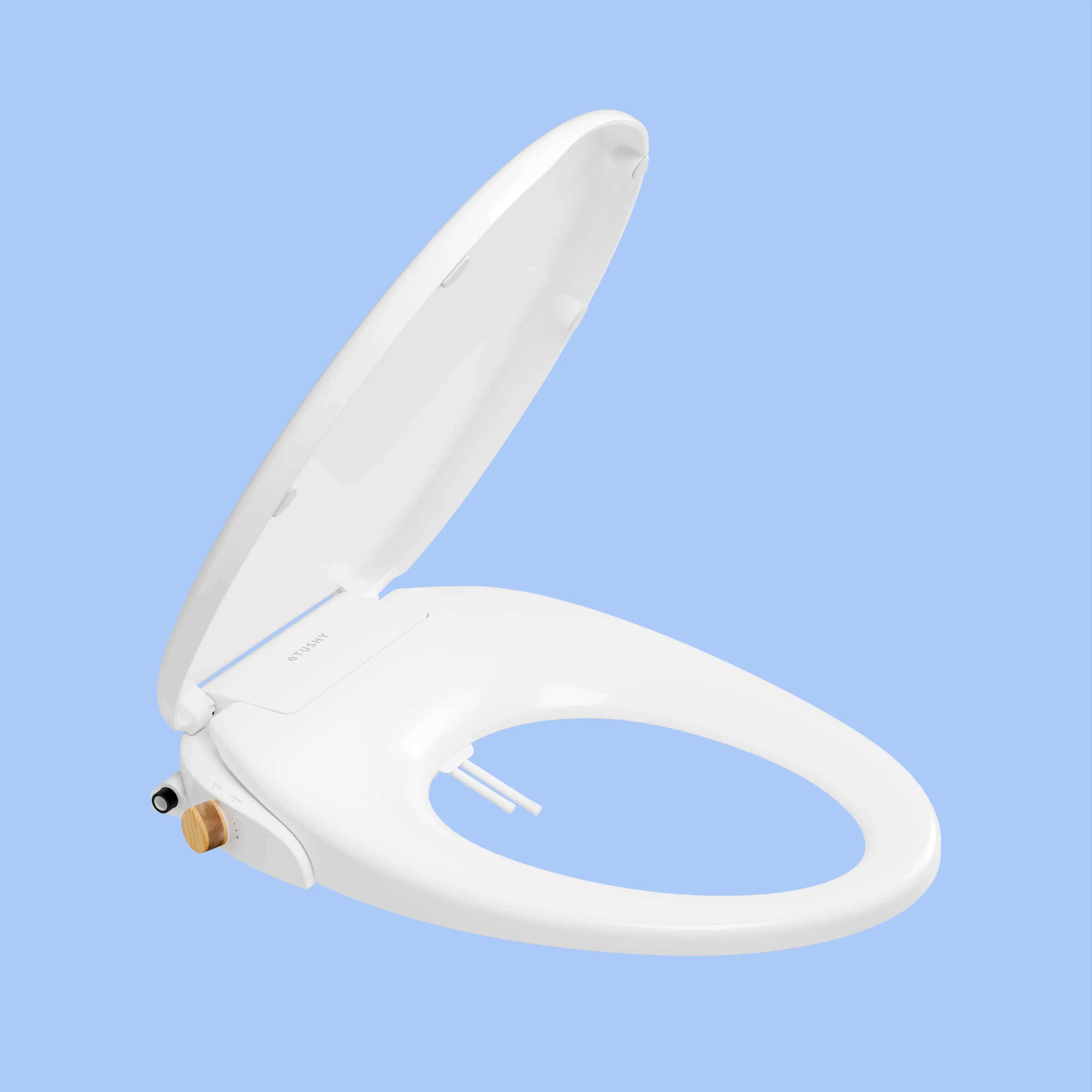 Elongated white non-electric bidet seat with lid up and side nozzle cover