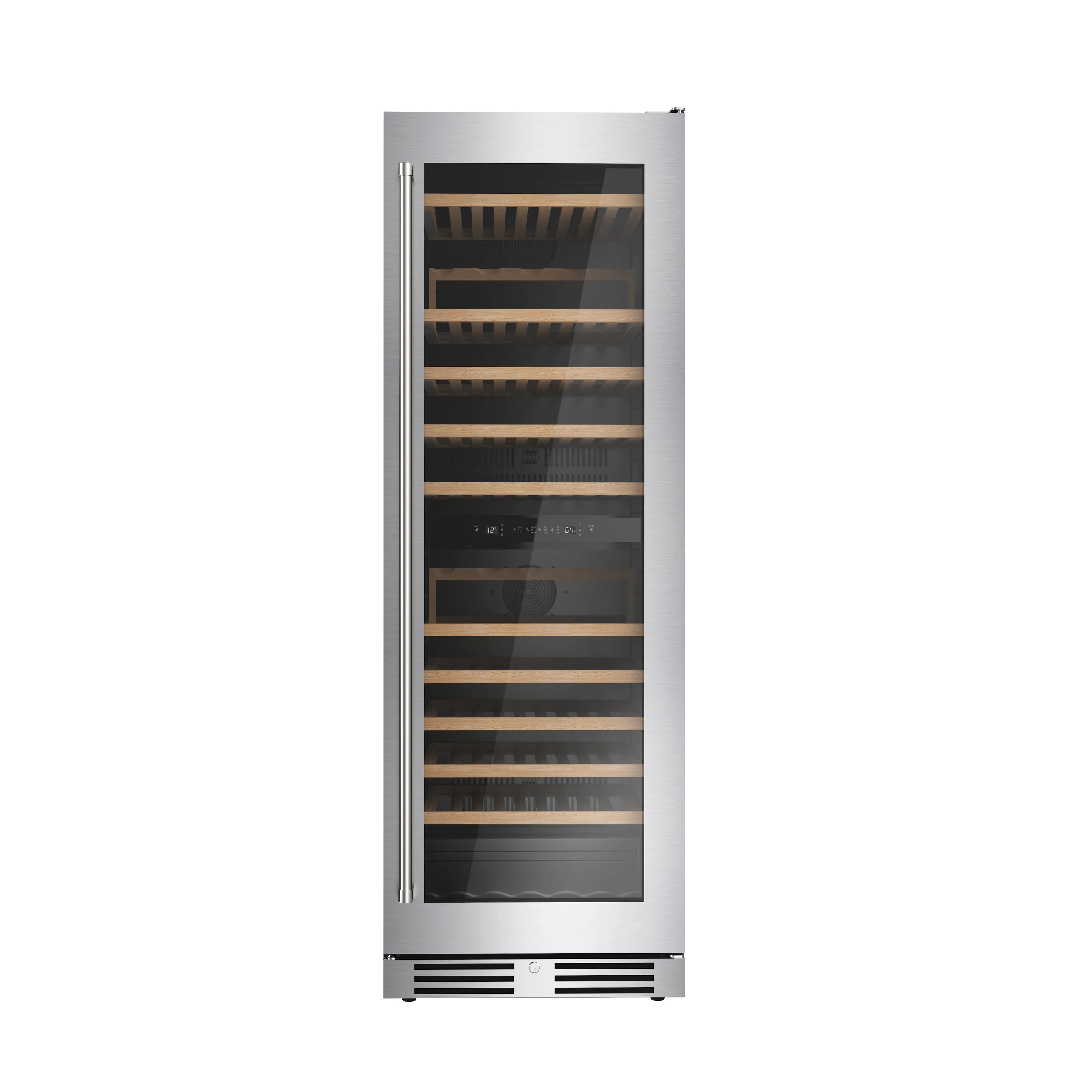 Stainless wine cooler with clear glass door and interior wooden racks