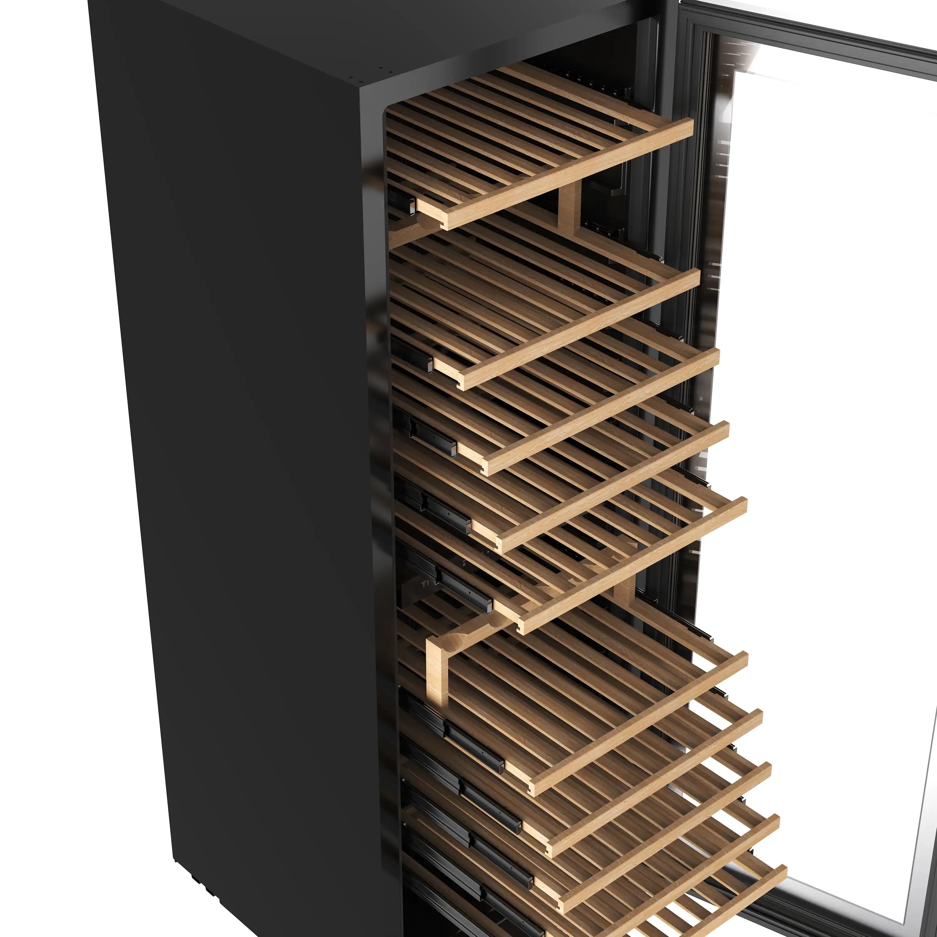 Open wine cooler door with close-up of stacked wooden bottle shelves