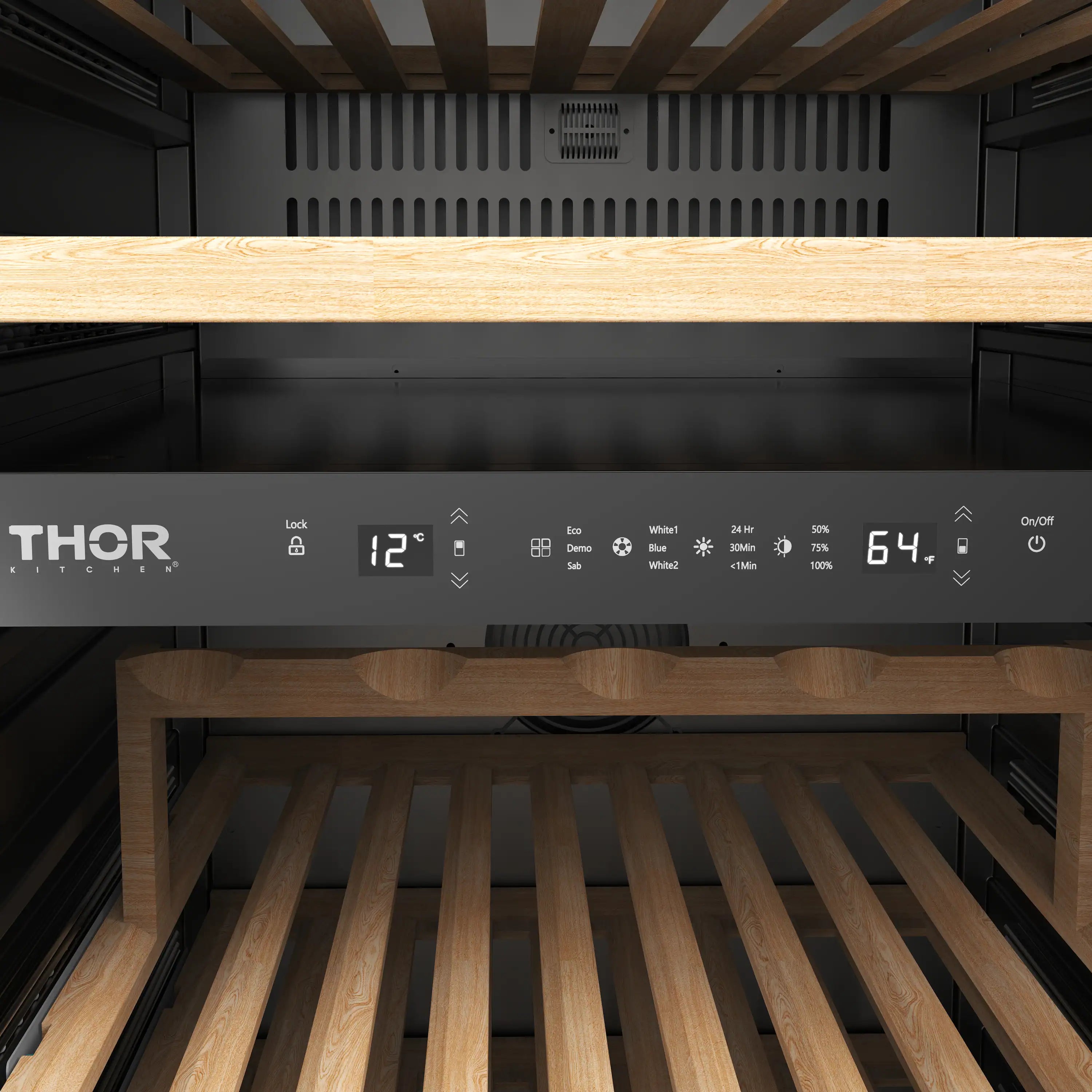 Wine cooler control panel with digital display above wooden bottle racks