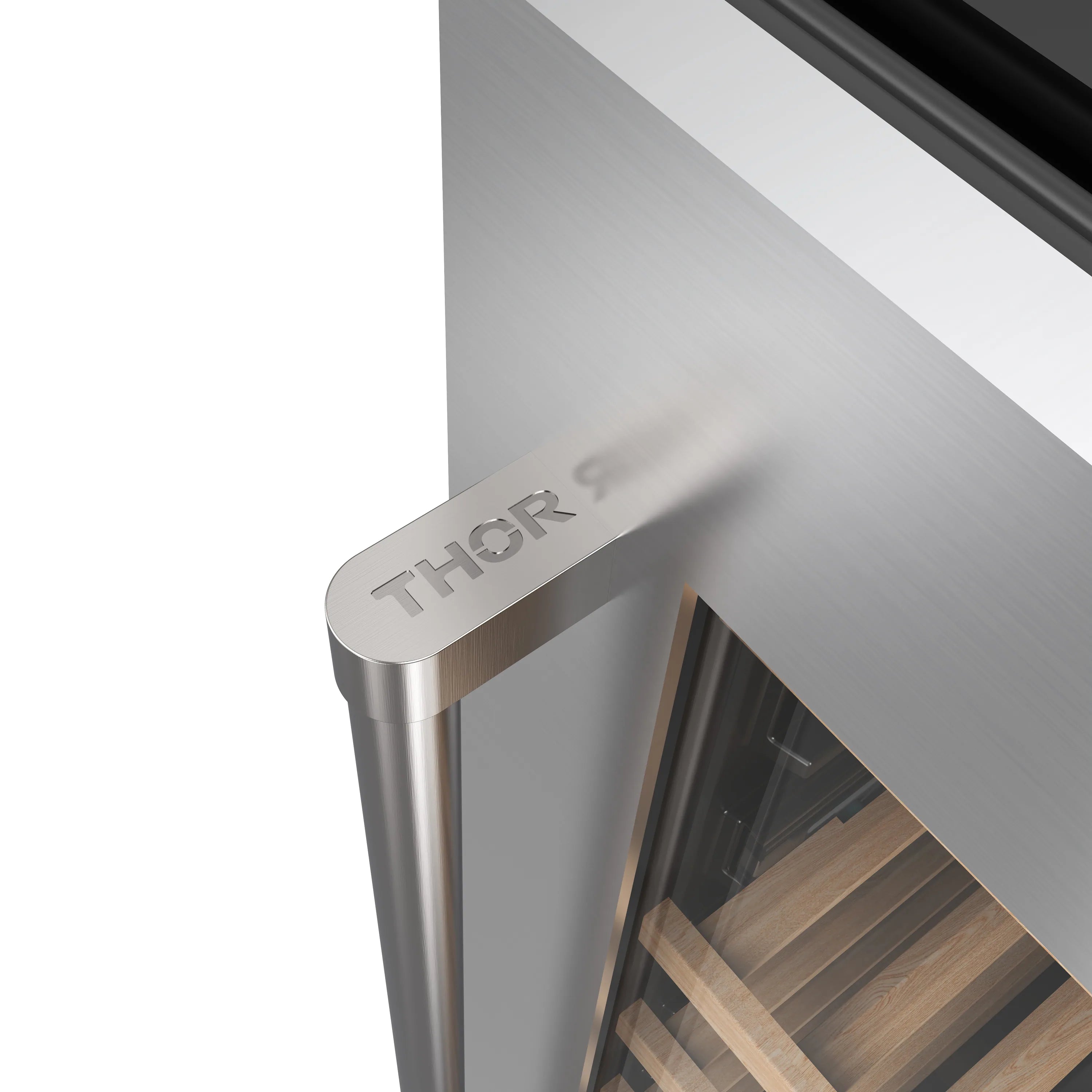 Stainless steel wine cooler door handle with THOR logo