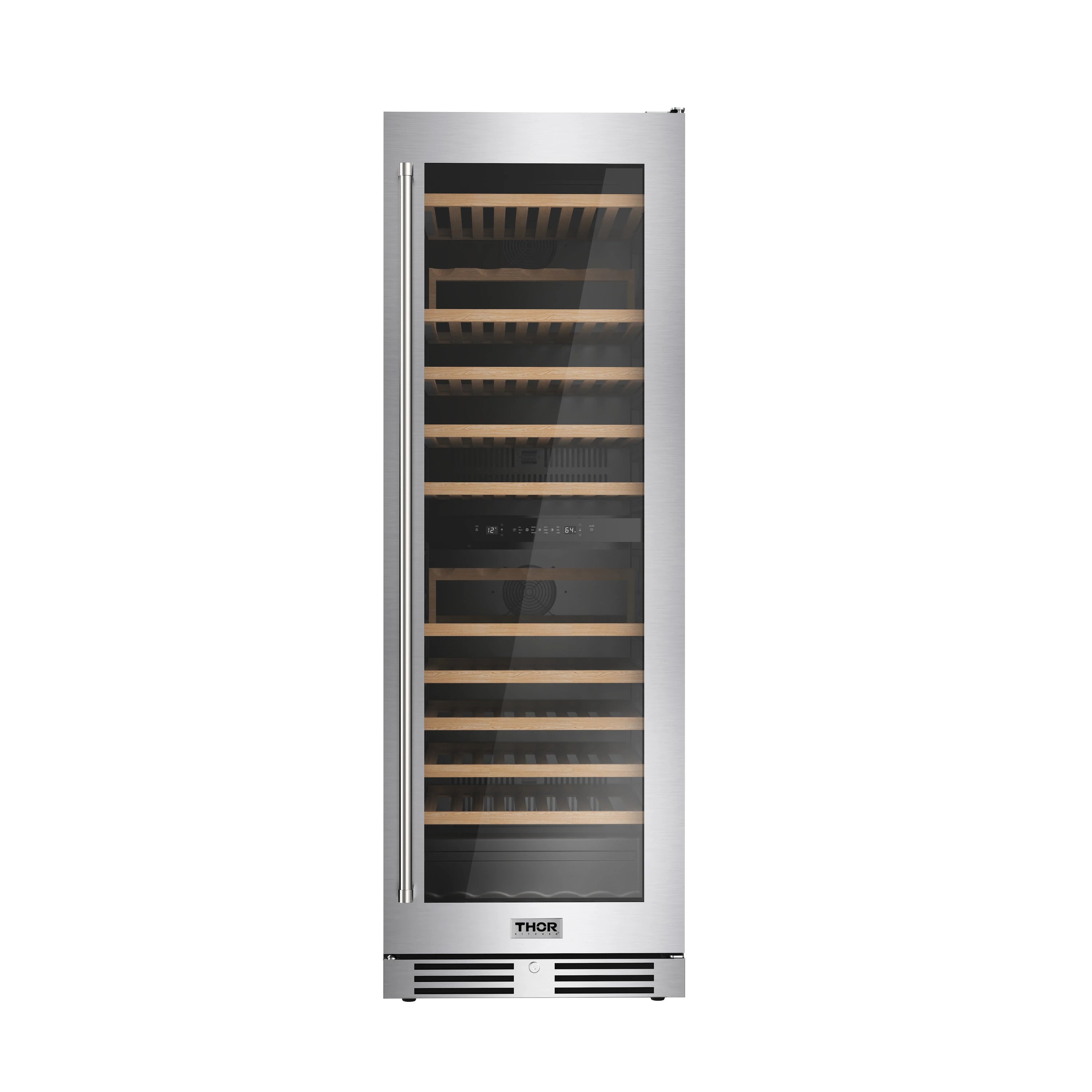 Freestanding stainless wine cooler with glass door and stacked wooden racks