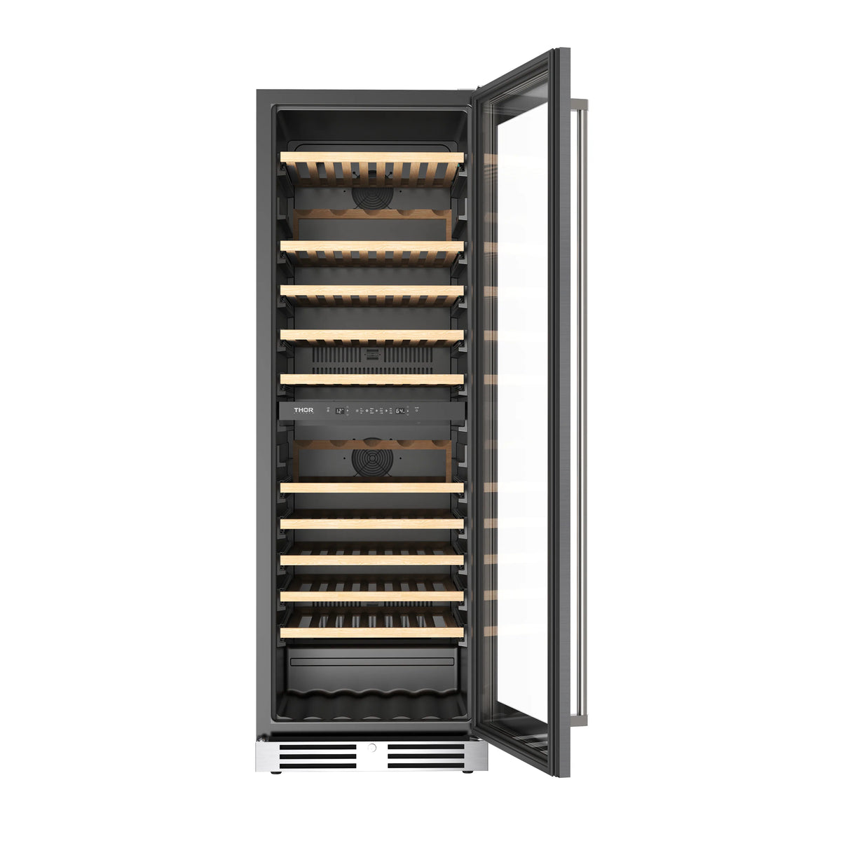 Open stainless wine cooler showing interior wooden racks and bottle storage