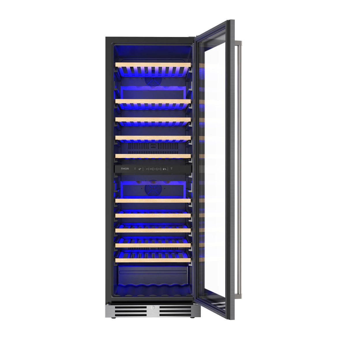 Dual-zone wine cooler with open door, blue-lit interior and wooden bottle shelves