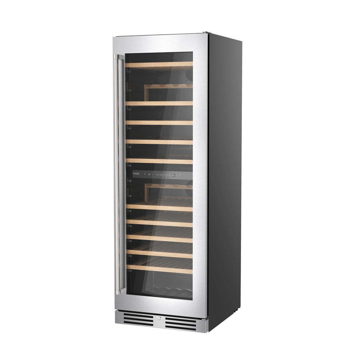 Freestanding dual-zone wine cooler with black-and-stainless frame and glass door