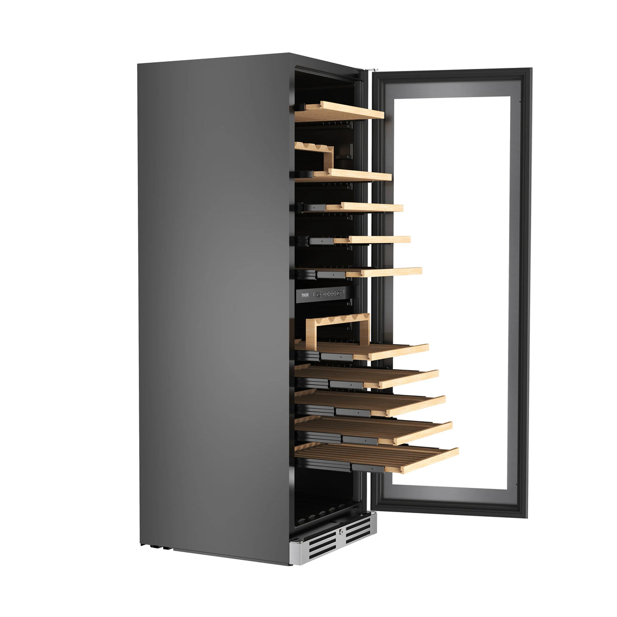 Freestanding wine cooler with door open, showing wooden racks and interior shelves