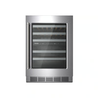 Stainless steel undercounter wine cooler with smoked glass door and interior shelves