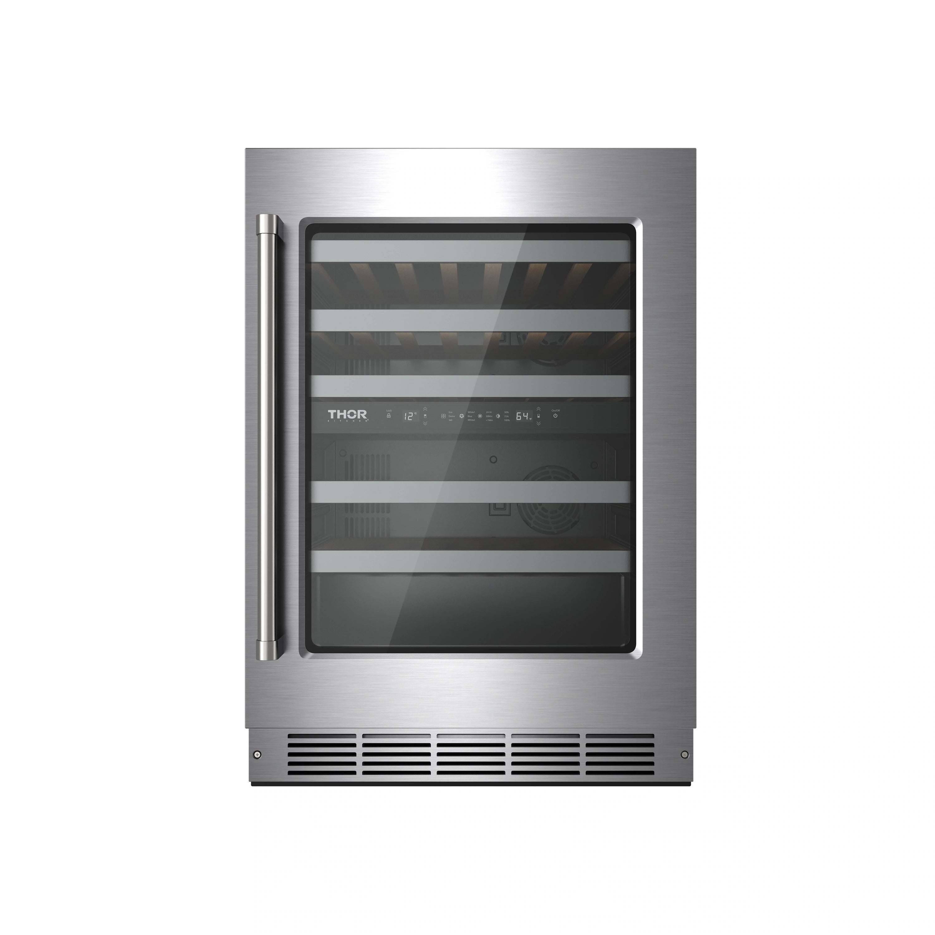 Stainless steel undercounter wine cooler with smoked glass door and interior shelves