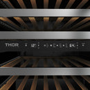 THOR control panel with digital temperature display above wine racks.