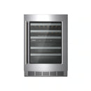 Stainless steel undercounter wine cooler with smoked glass door and interior shelves