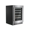 Dual zone wine cooler with black door, stainless frame, and glass viewing window.