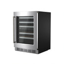 Dual zone wine cooler with stainless body and black door, glass front window.