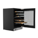 Dual zone wine cooler with door open, black interior, and stacked wooden racks.