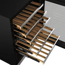 Wine cooler wooden slide-out racks with metal rails, shown inside the unit.
