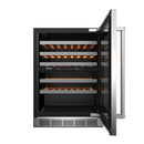 Wine cooler interior with door open, stacked wooden shelves, and warm orange LED light.