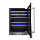 Wine cooler interior with door open, stacked wooden shelves, and blue LED lighting.