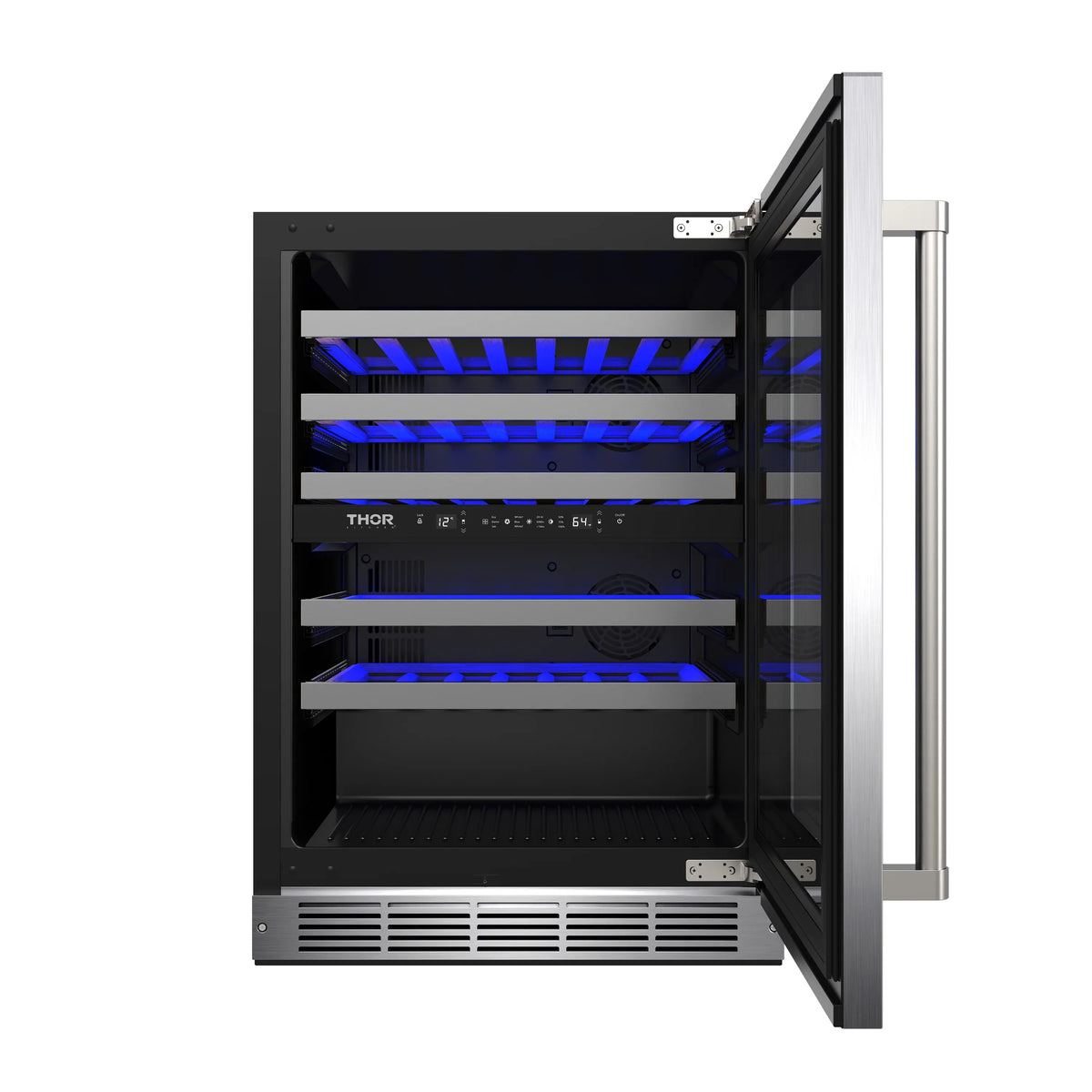 Built-in wine cooler with door open, wood racks, and blue interior lighting