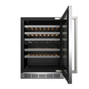 Wine cooler interior with door open, wooden shelves, black liner, and front control panel.