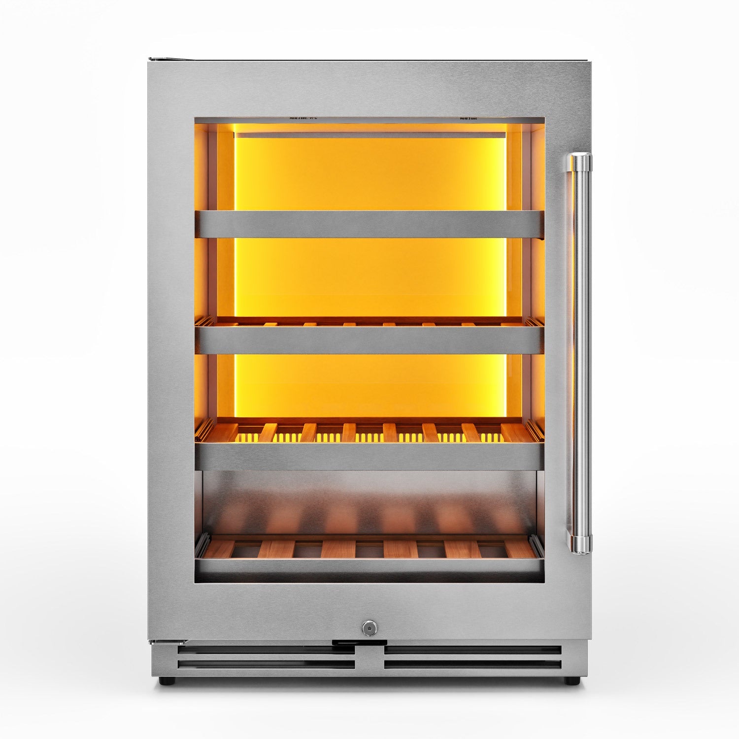Stainless steel under-counter wine and beverage cooler with open shelves and interior light