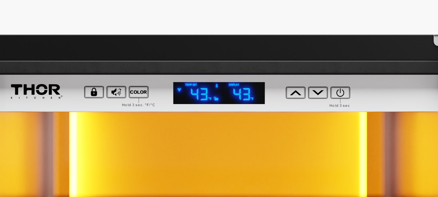 Wine cooler control panel with digital display and backlit interior