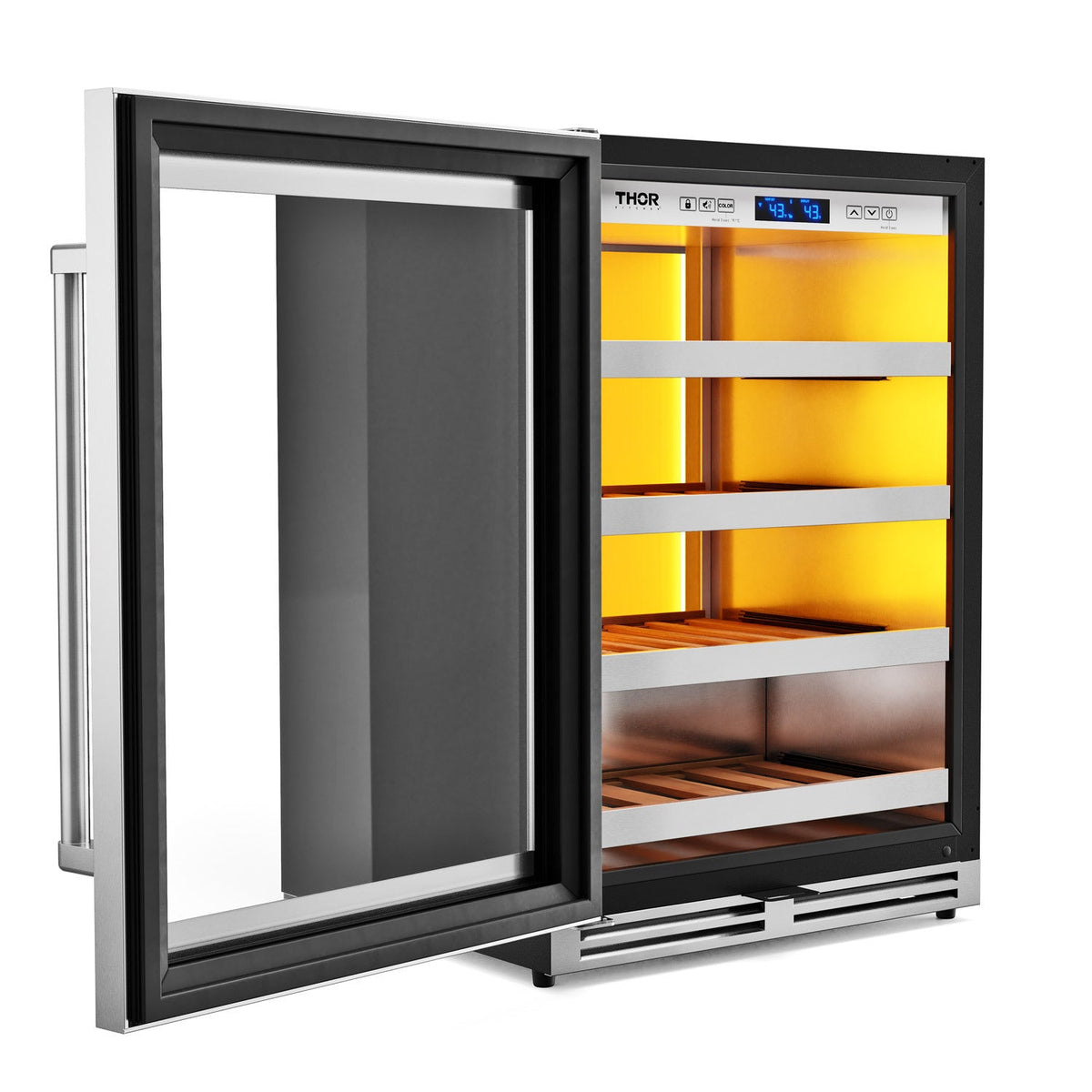 Stainless steel wine cooler with black-framed open door and lit shelving