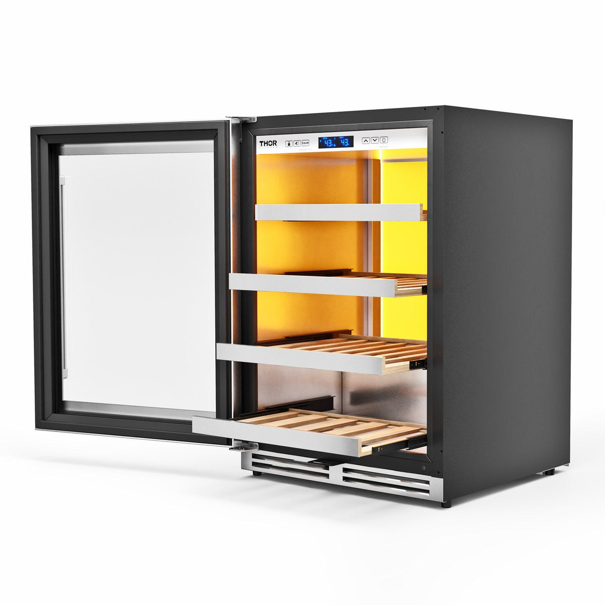 Wine cooler with open door, wood racks and warm interior LED lighting