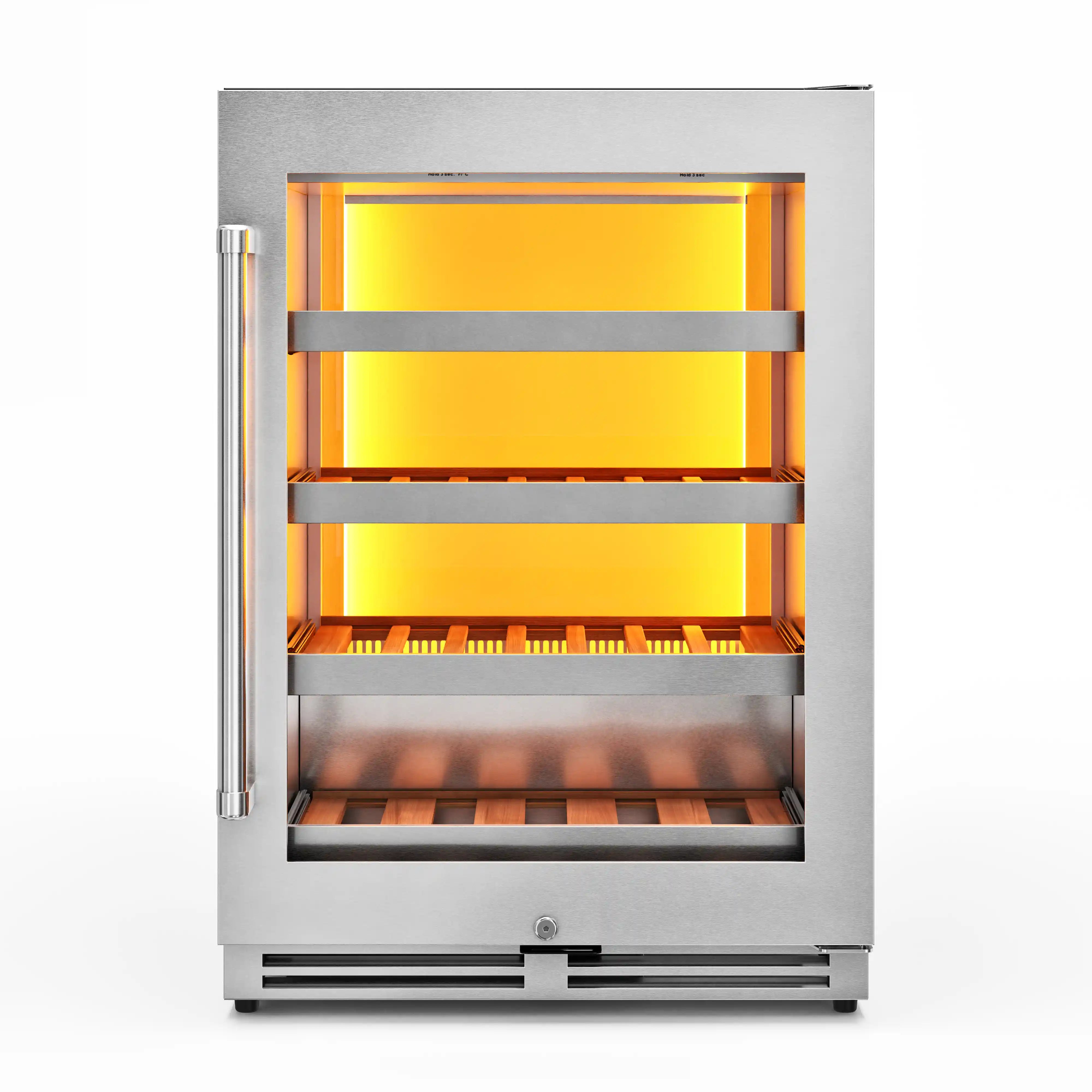 Stainless steel wine cooler with glass door and interior backlight shelves