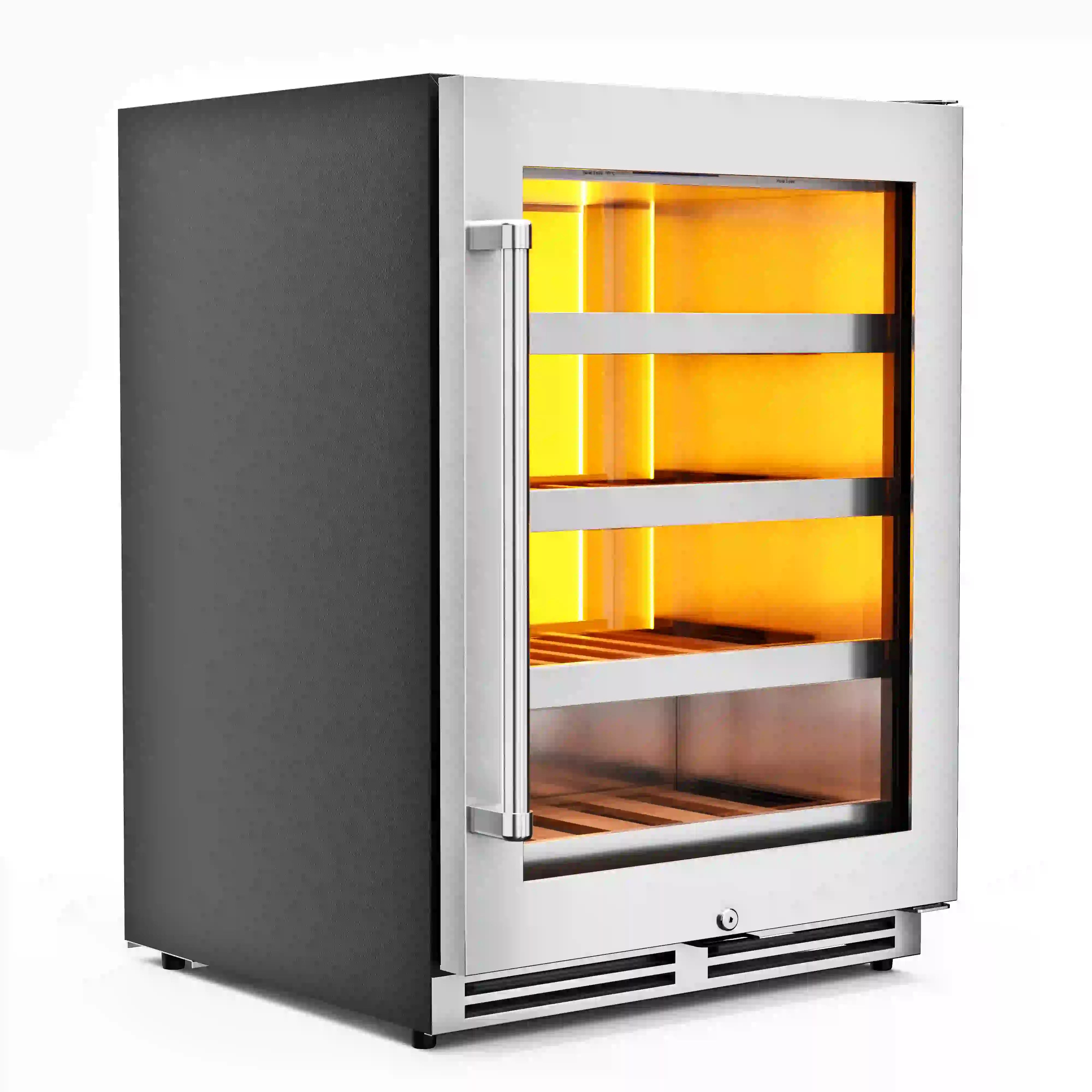 Stainless steel wine cooler with dark body, glass door, and lit shelves