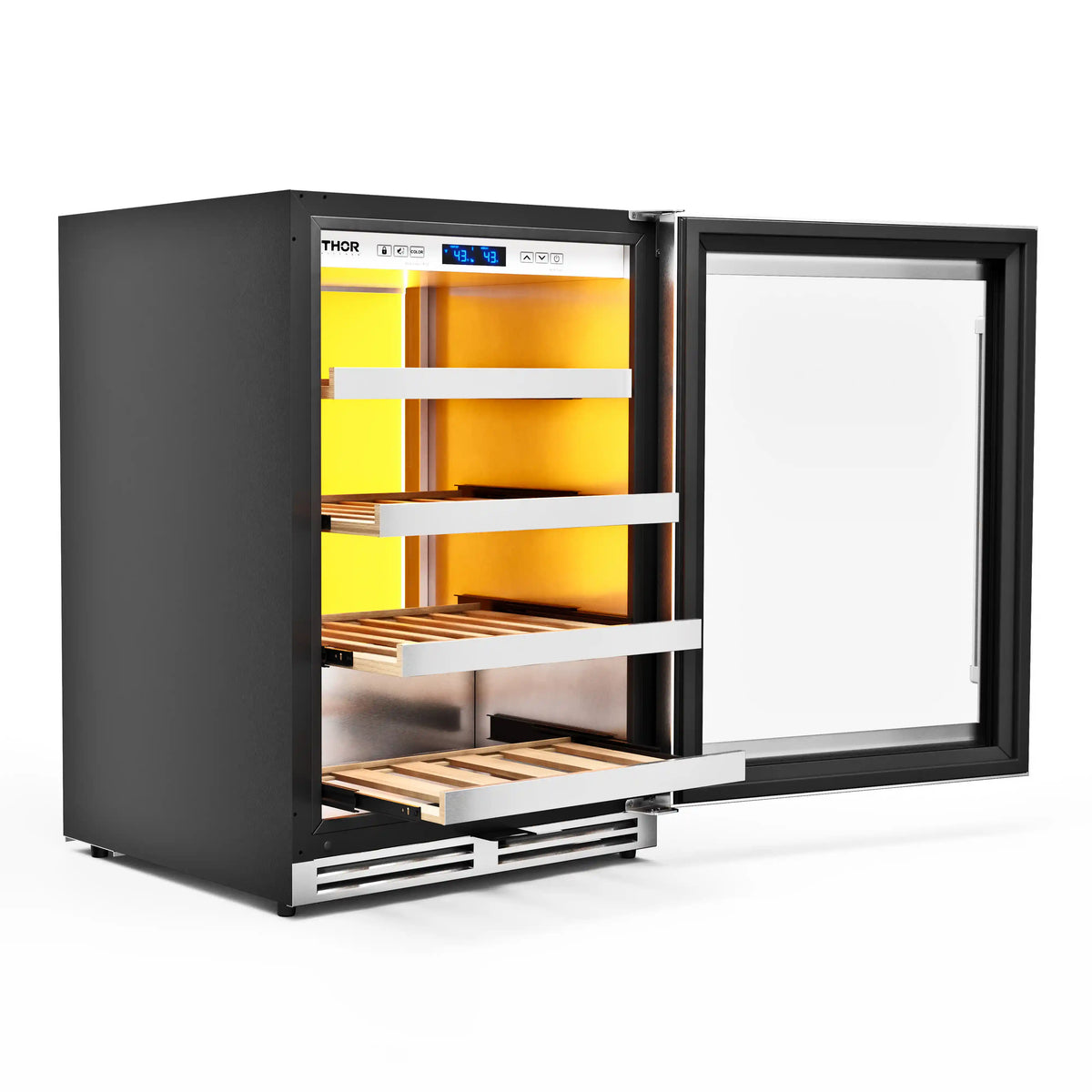 Stainless steel under-counter cooler with door open and lit wooden shelves
