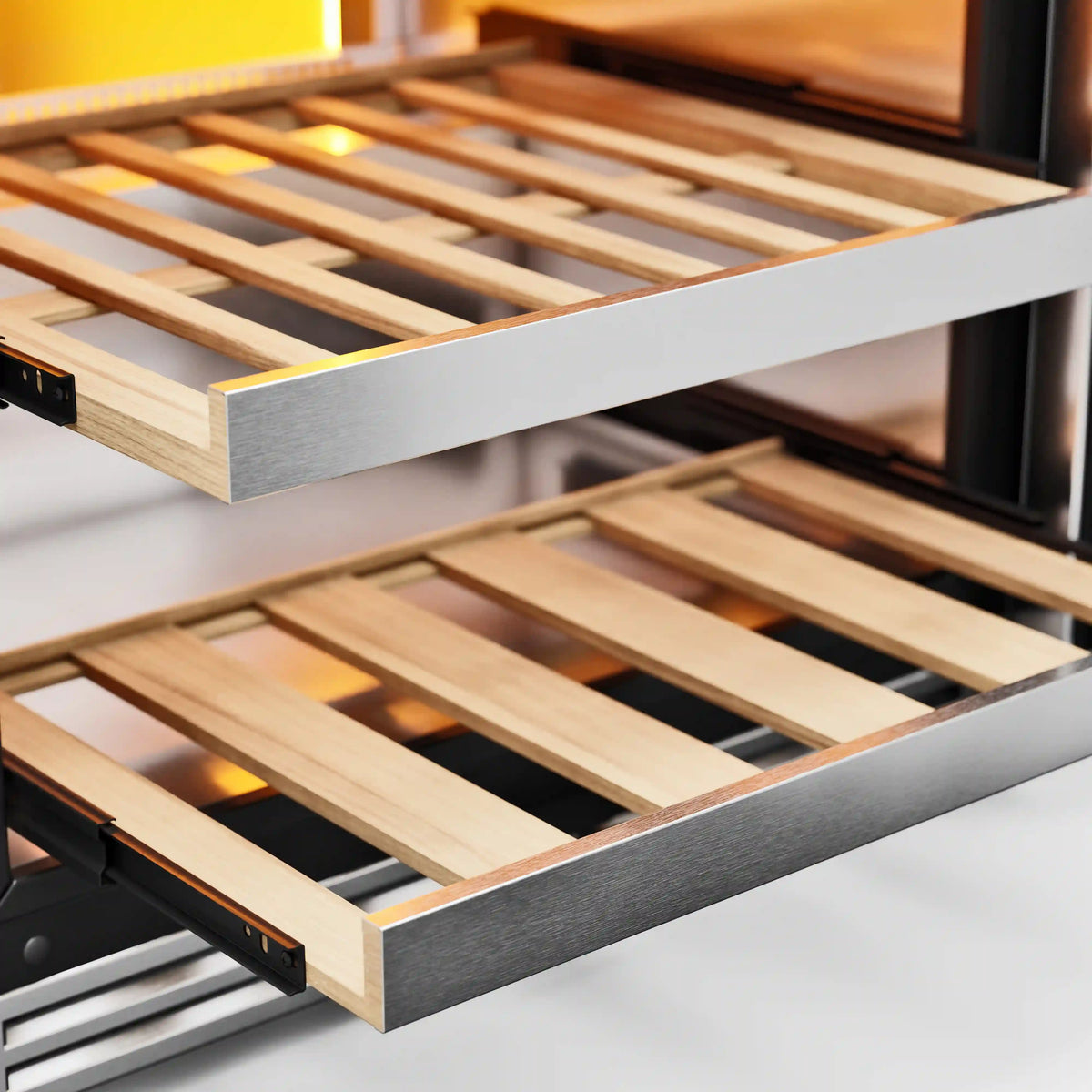 Wood sliding shelves inside under-counter stainless cooler