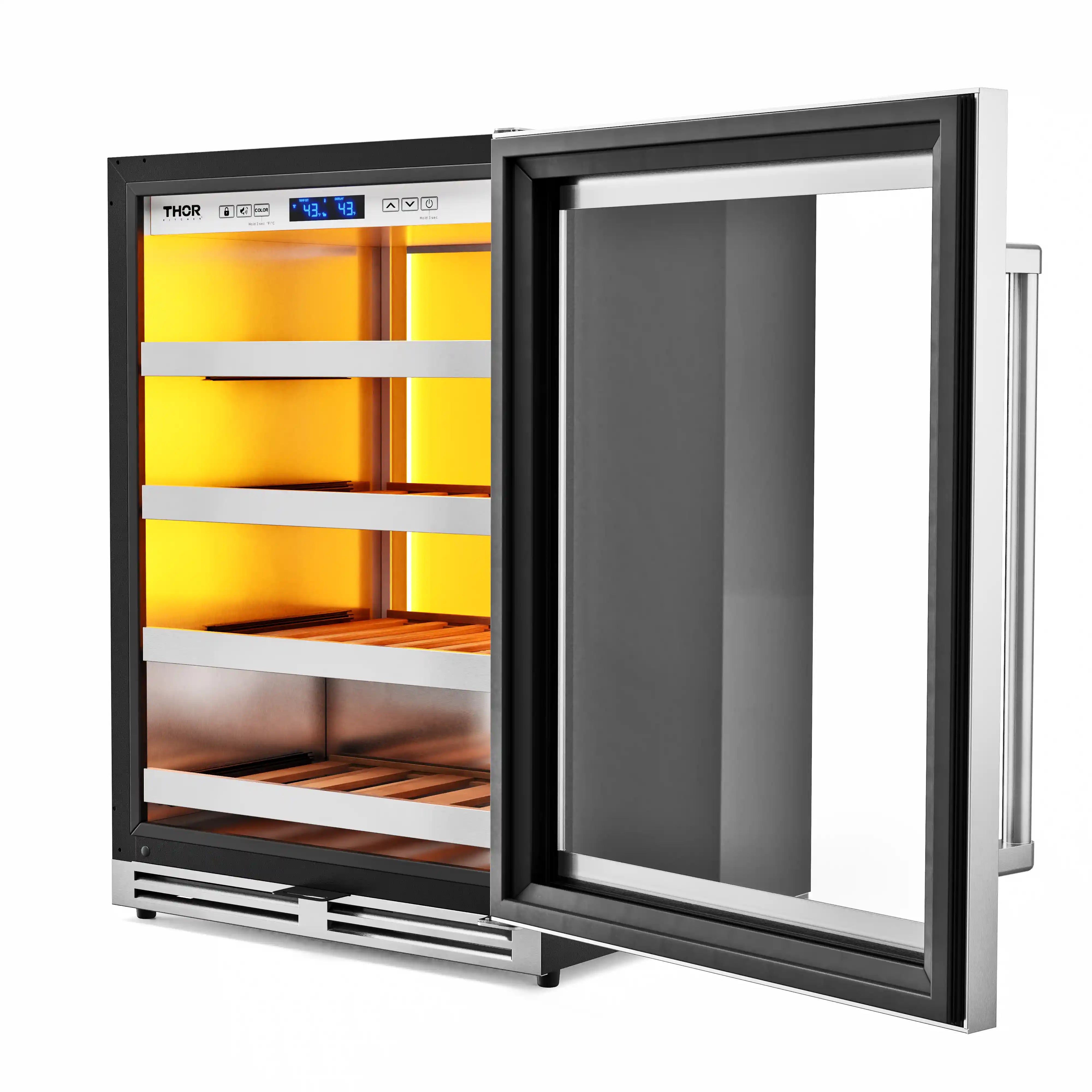 Stainless steel under-counter beverage and wine cooler with glass door open