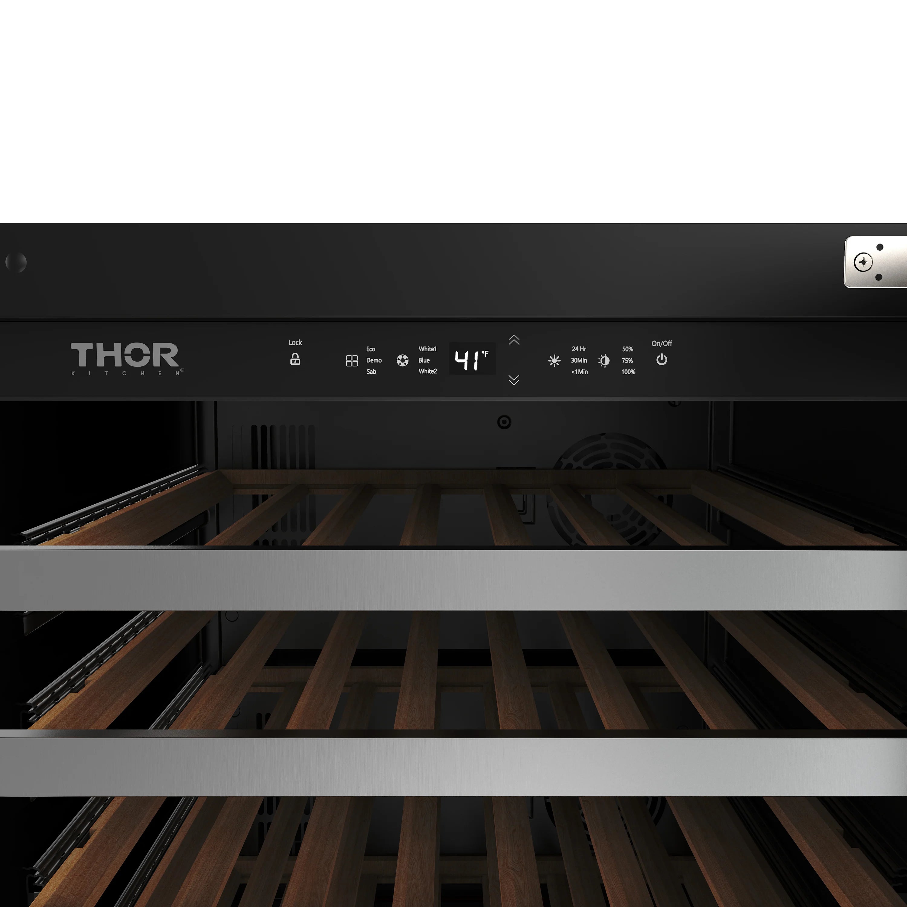 Wine cooler control panel with buttons and digital temperature display.