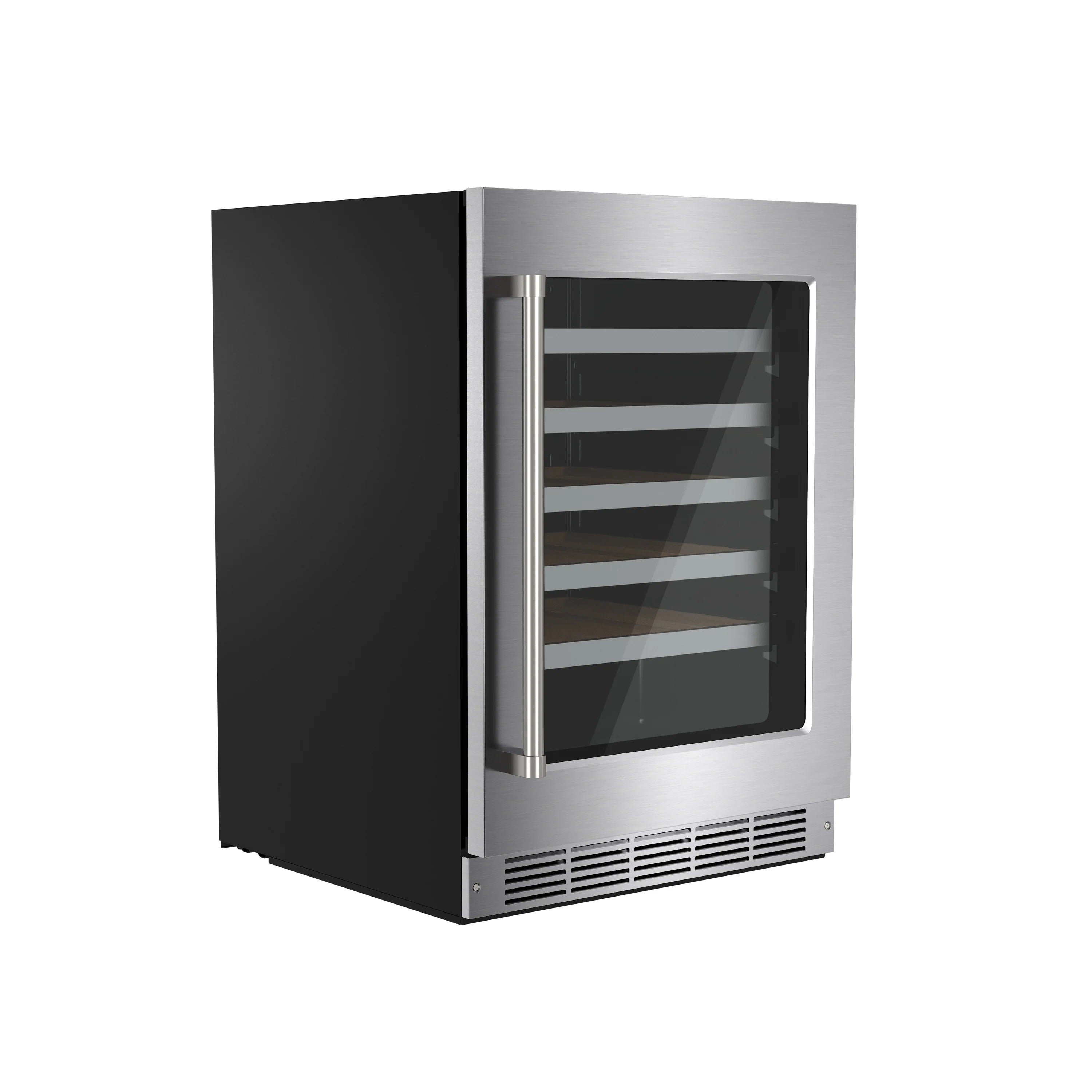 Wine cooler with black cabinet, stainless frame, and glass door with shelves