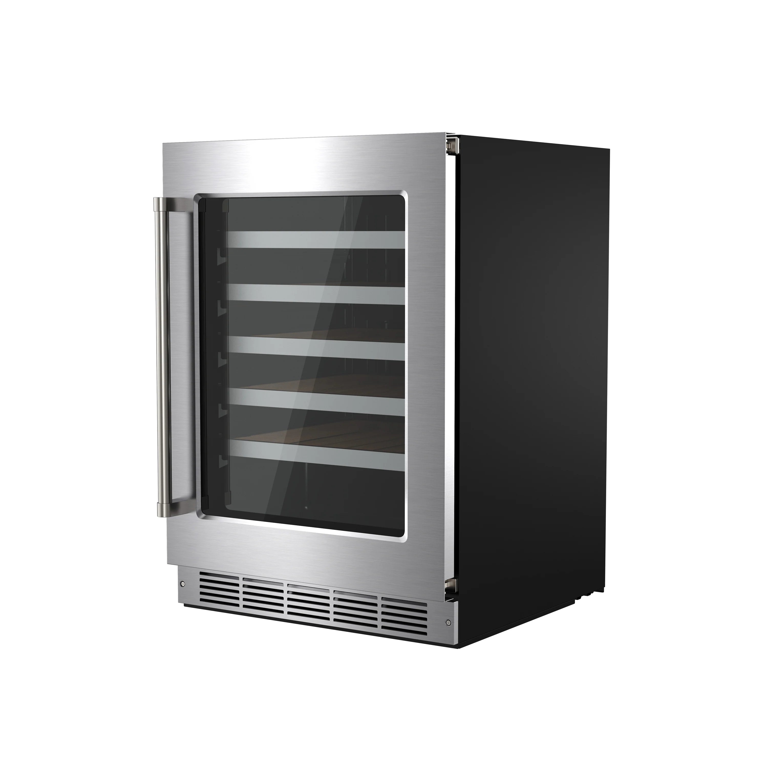 Stainless steel single-zone undercounter wine cooler with glass door and black cabinet.