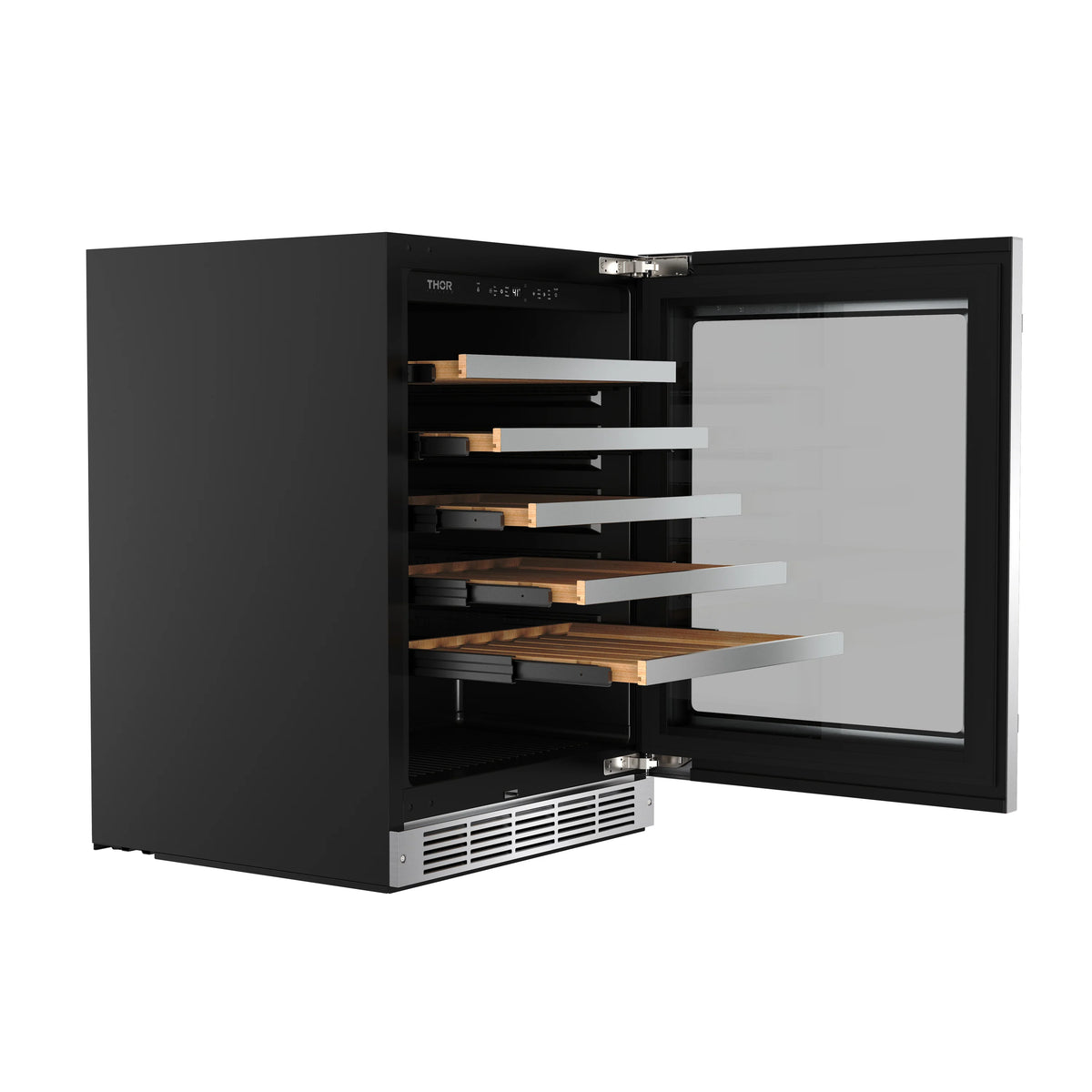 Single-zone wine cooler with open black door and wooden wine racks inside.