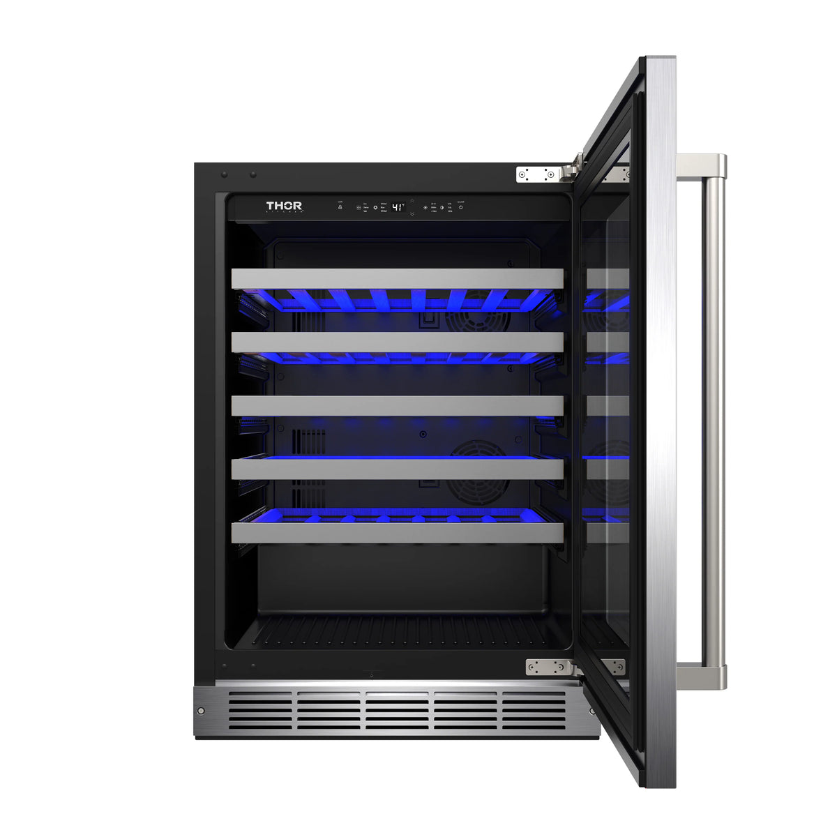 Black wine cooler interior with wooden racks and cool blue lighting under glass.