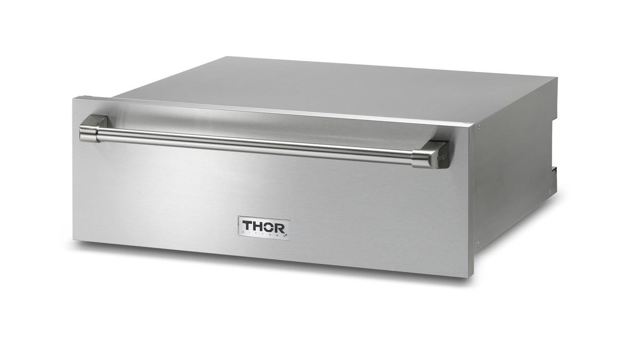 Stainless steel warming drawer with THOR logo and protruding bar handle
