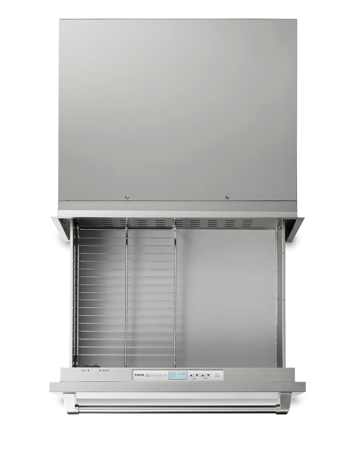 Stainless steel warming drawer open with wire rack shelves and vented interior