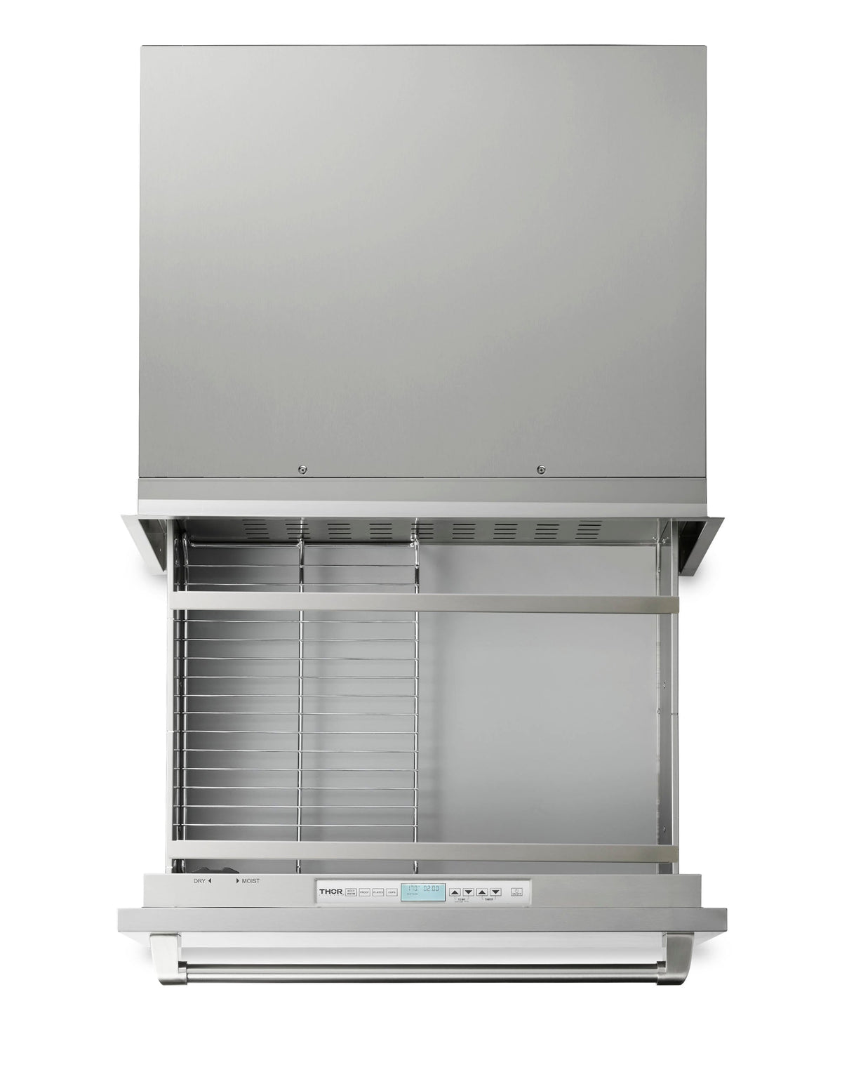 Stainless steel warming drawer open with multiple rack shelves and vented interior