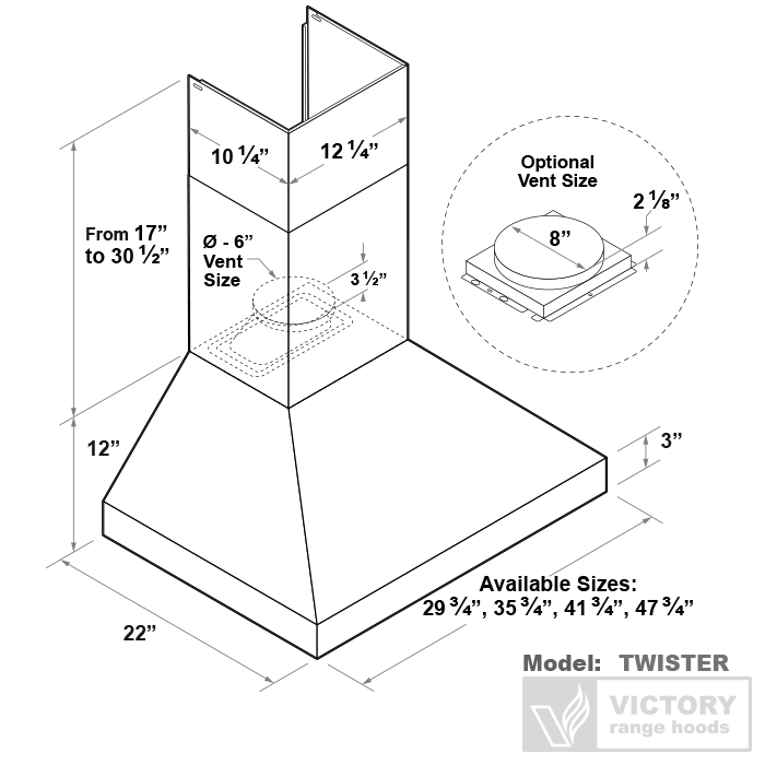 Wall-mount range hood dimensions diagram with vent opening and optional 8" size