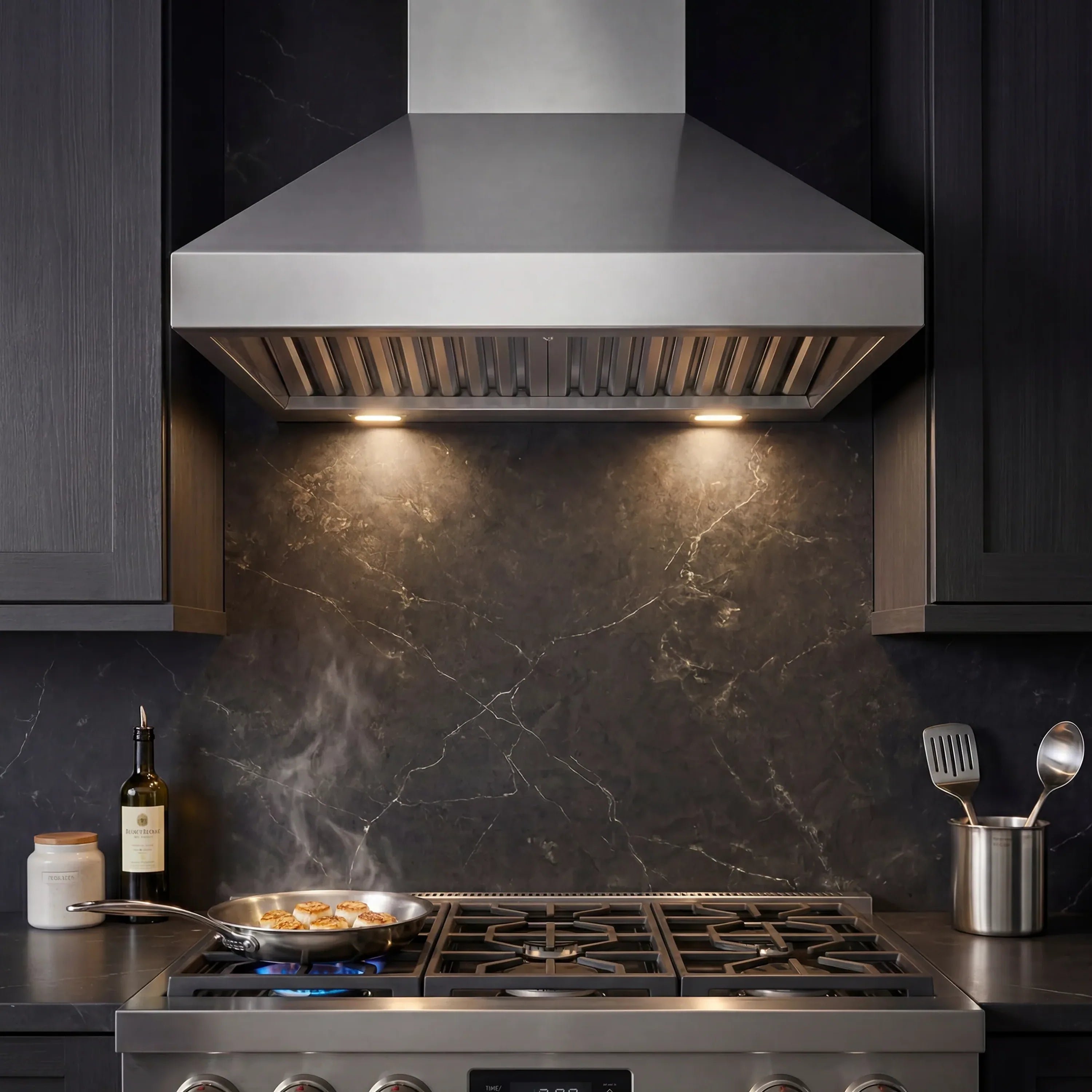Stainless steel wall-mount range hood with sloped chimney and vent filter grille