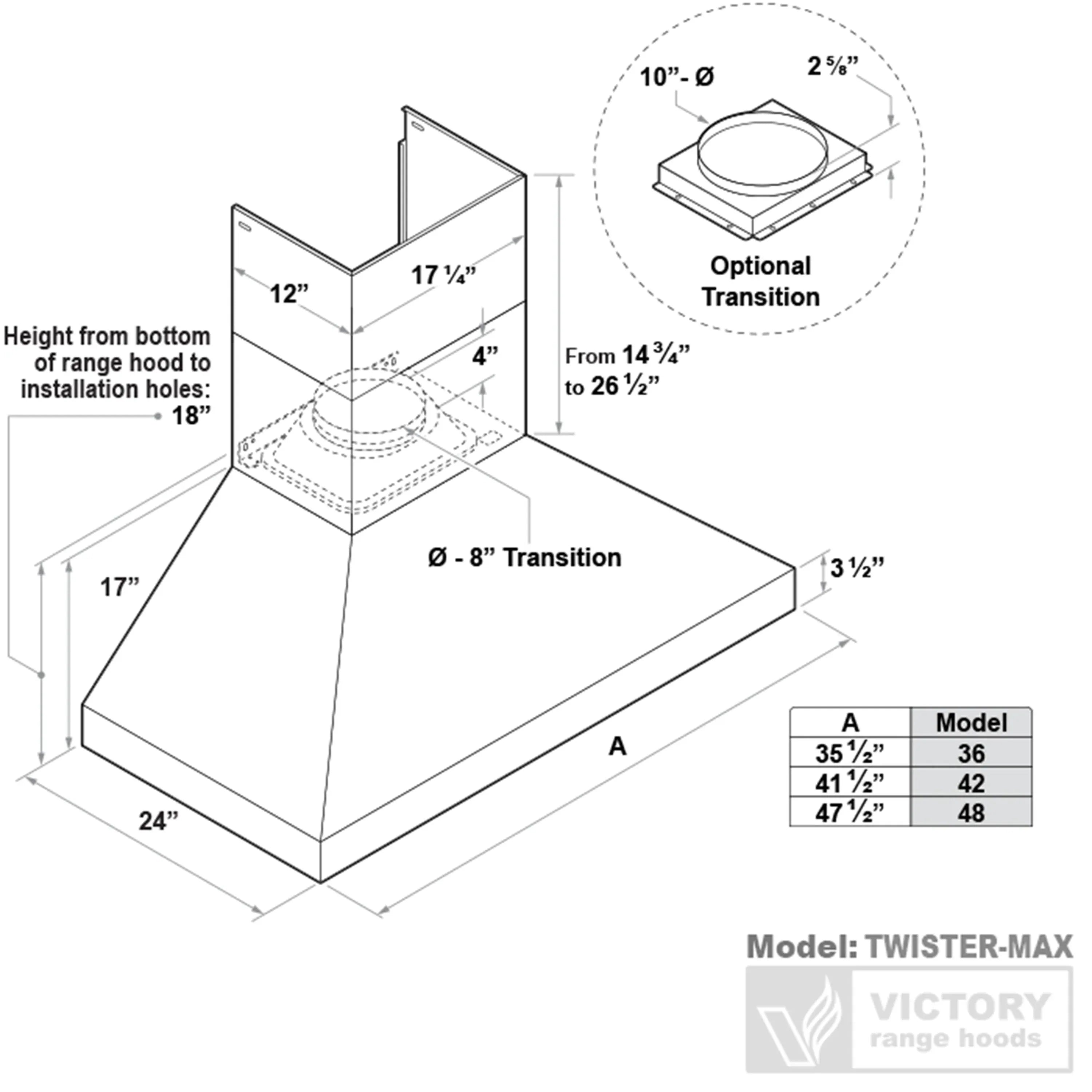 Wall mount range hood installation dimension diagram with transition options