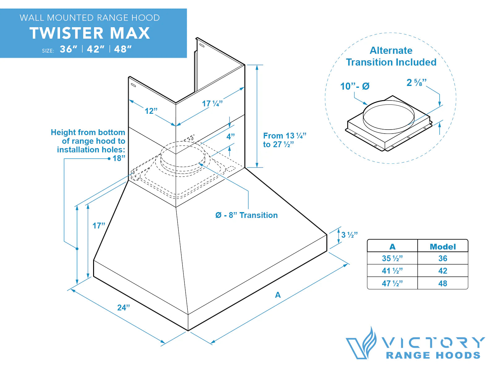 Wall-mount range hood size diagram with top transition and installation hole locations