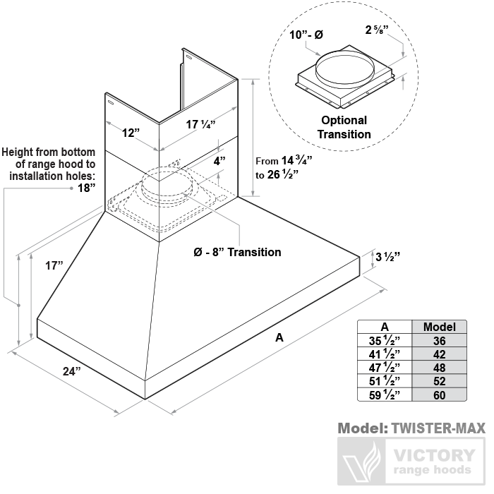 Wall-mount range hood dimensional diagram showing canopy, transitions, and mounting layout