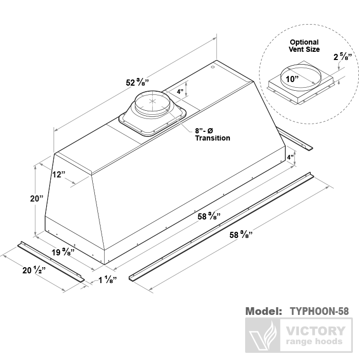 Stainless steel range hood insert size diagram with model TYPHOON-58 dimensions