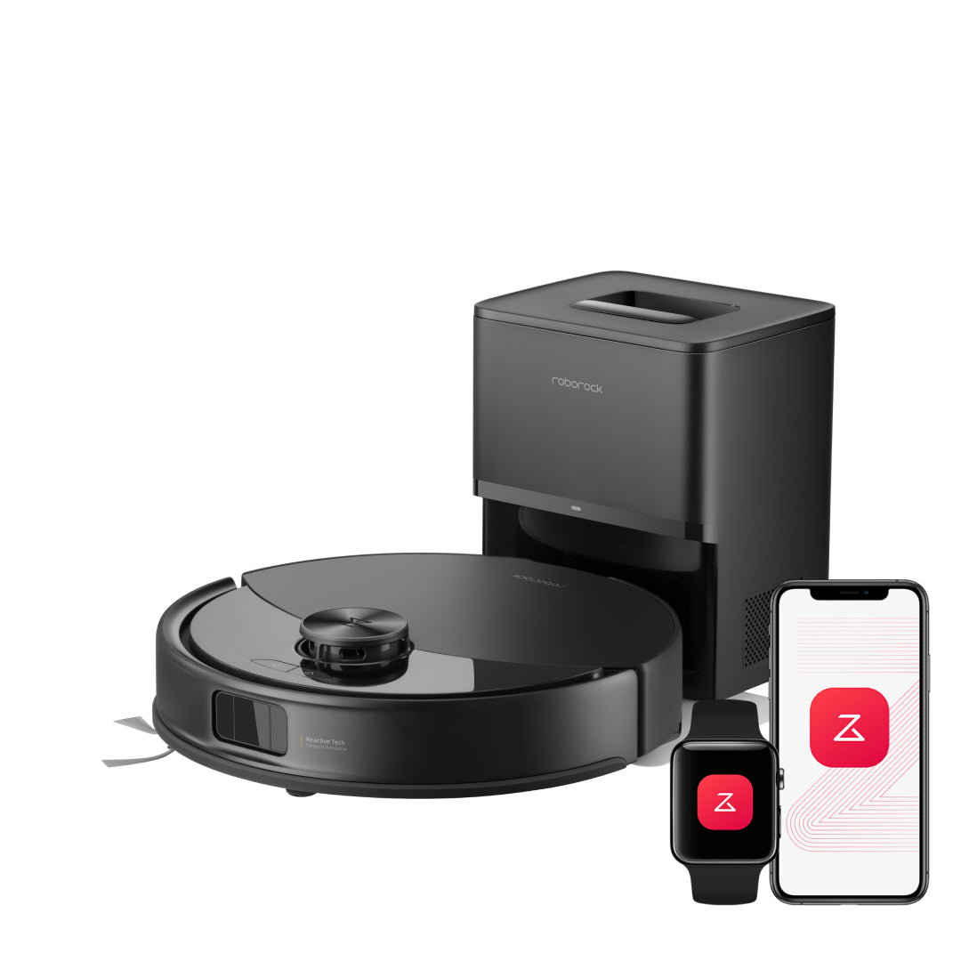 Black robot vacuum and mop with raised auto-empty dock, shown in front view.
