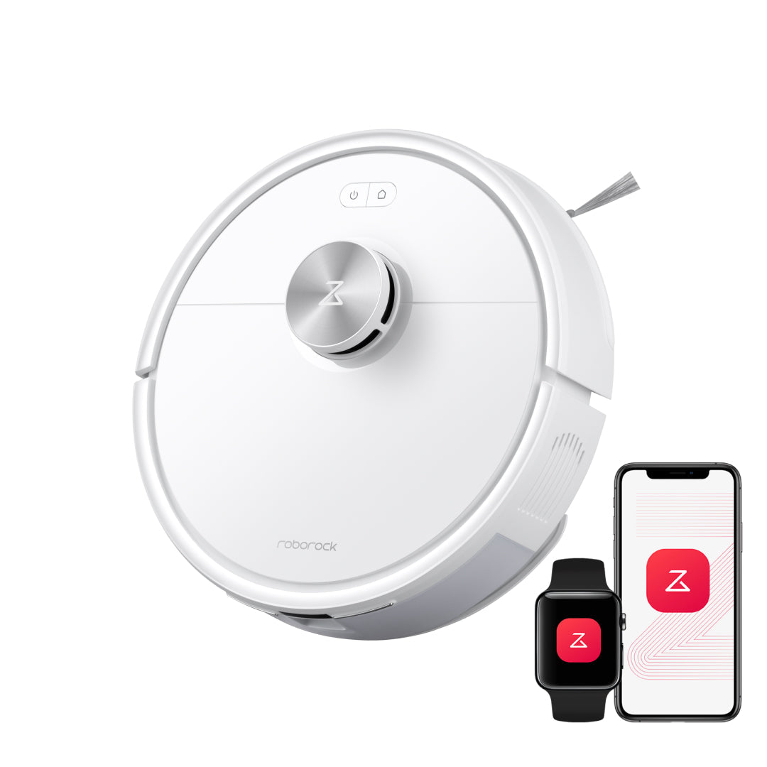 Roborock robot vacuum and mop, white top with center dial and side brush