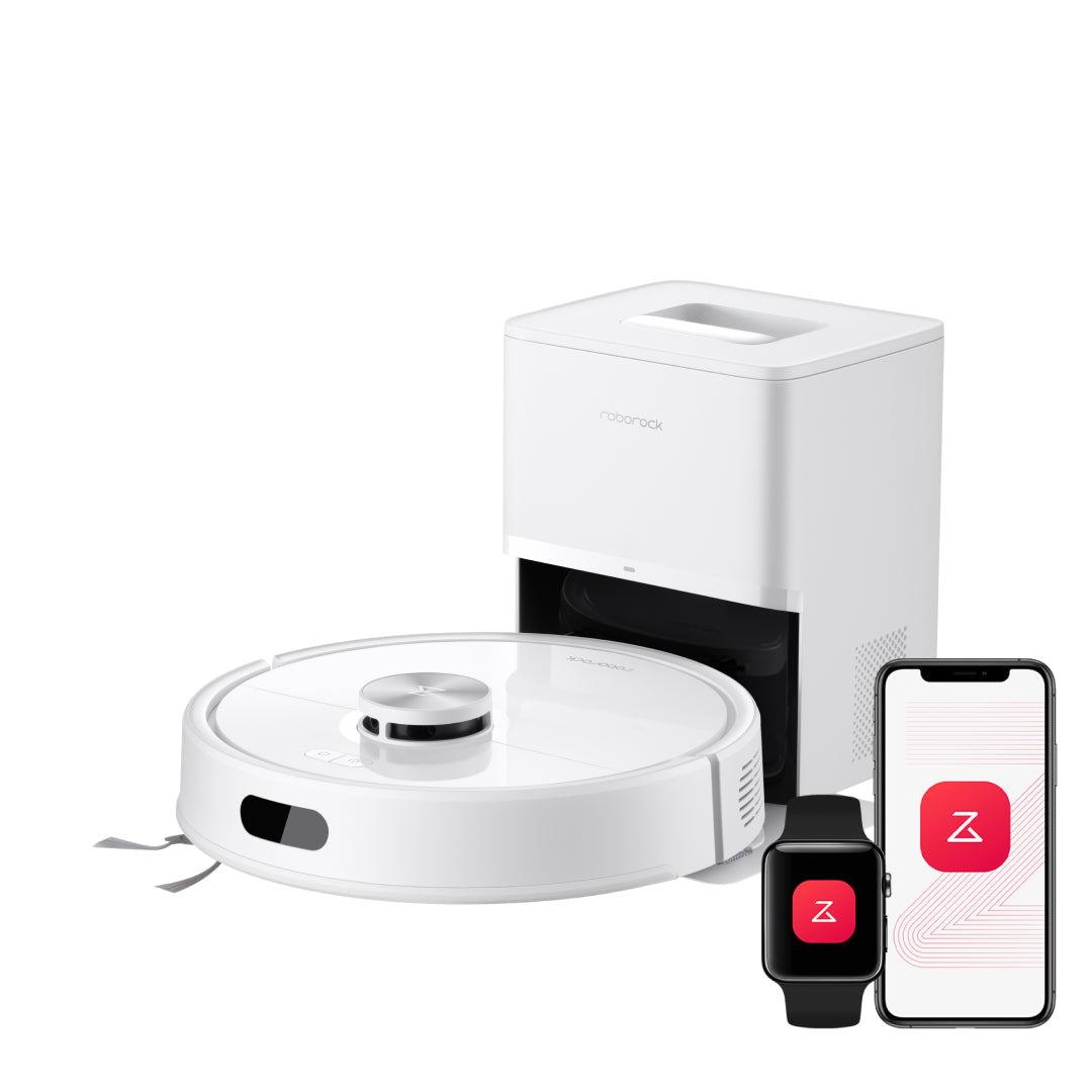 White robot vacuum and mop with auto-empty dock, plus app on smartphone